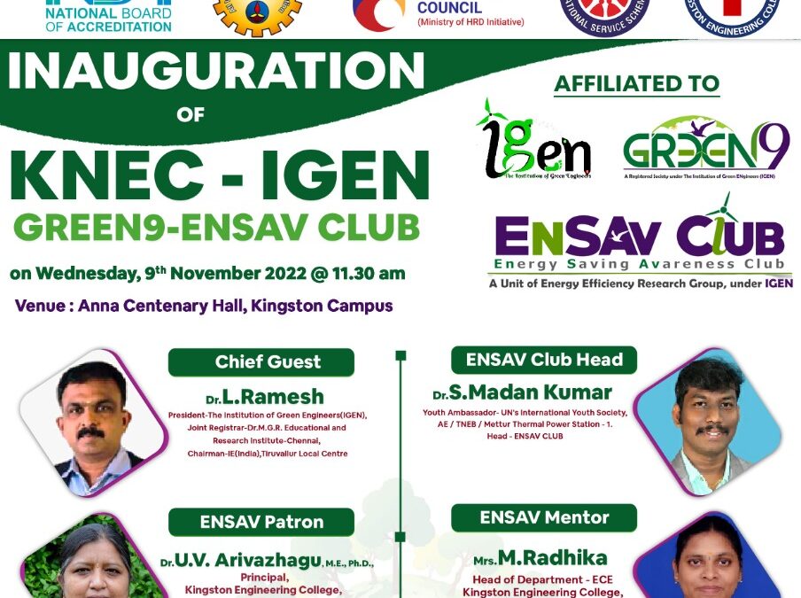 Invitation to participate in the inauguration of IGEN-GREEN9ENSAVCLUB at KINGSTON ENGINEERING COLLEGE,VELLORE.